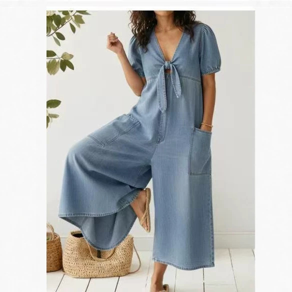 Women's Casual Loose Short Sleeve V-Neck Washed Denim Jumpsuit with Pockets