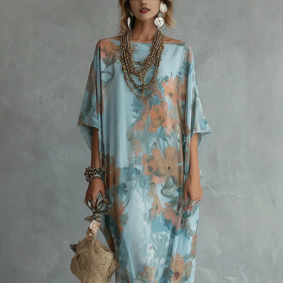 Women's Floral Print Off-Shoulder Maxi Dress Loose Fit
