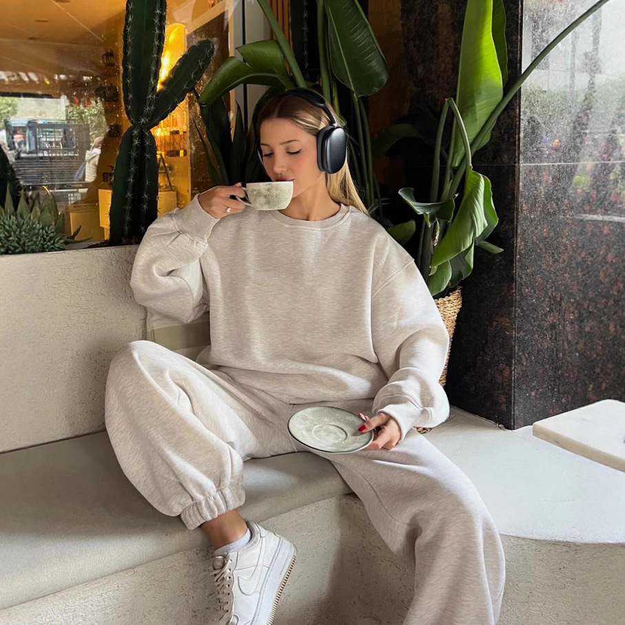 Women's Solid Color Loose Crewneck Sweatshirt & Drawstring Pants 2-Piece Set