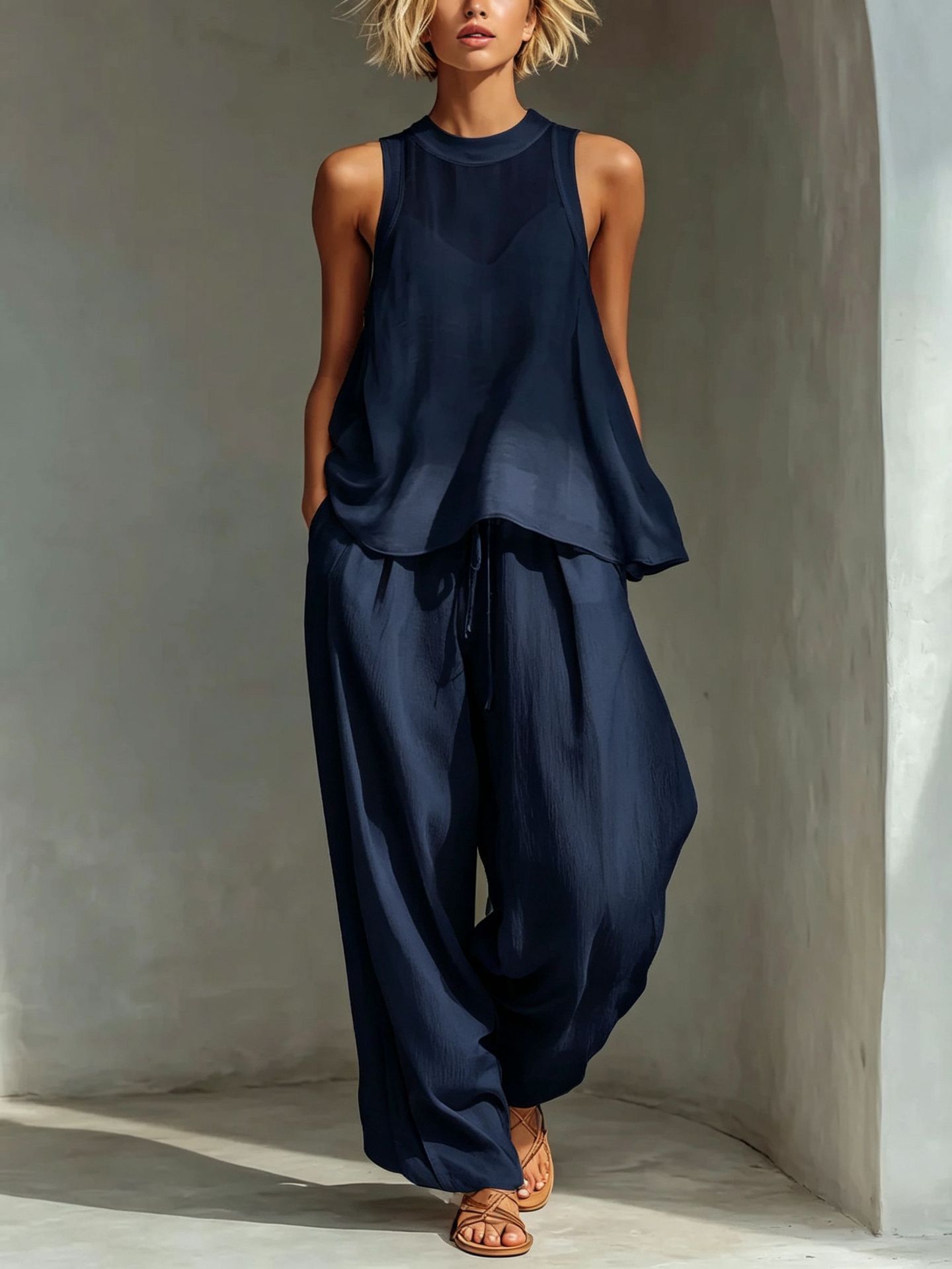 Sheer Sleeveless Drawstring Top & Wide-Leg Pants Set