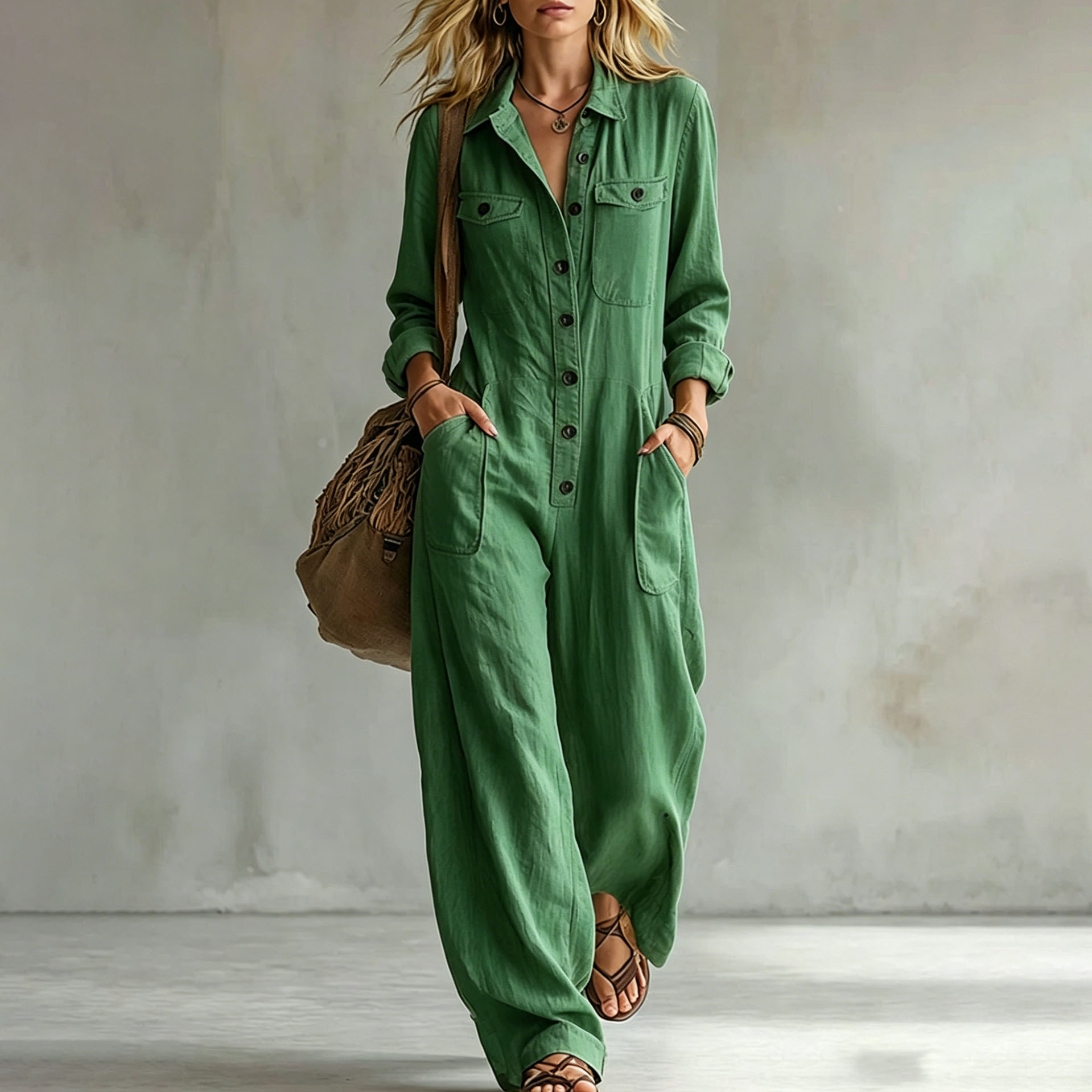 Women's Casual V-Neck Long Sleeve Jumpsuit with Pockets