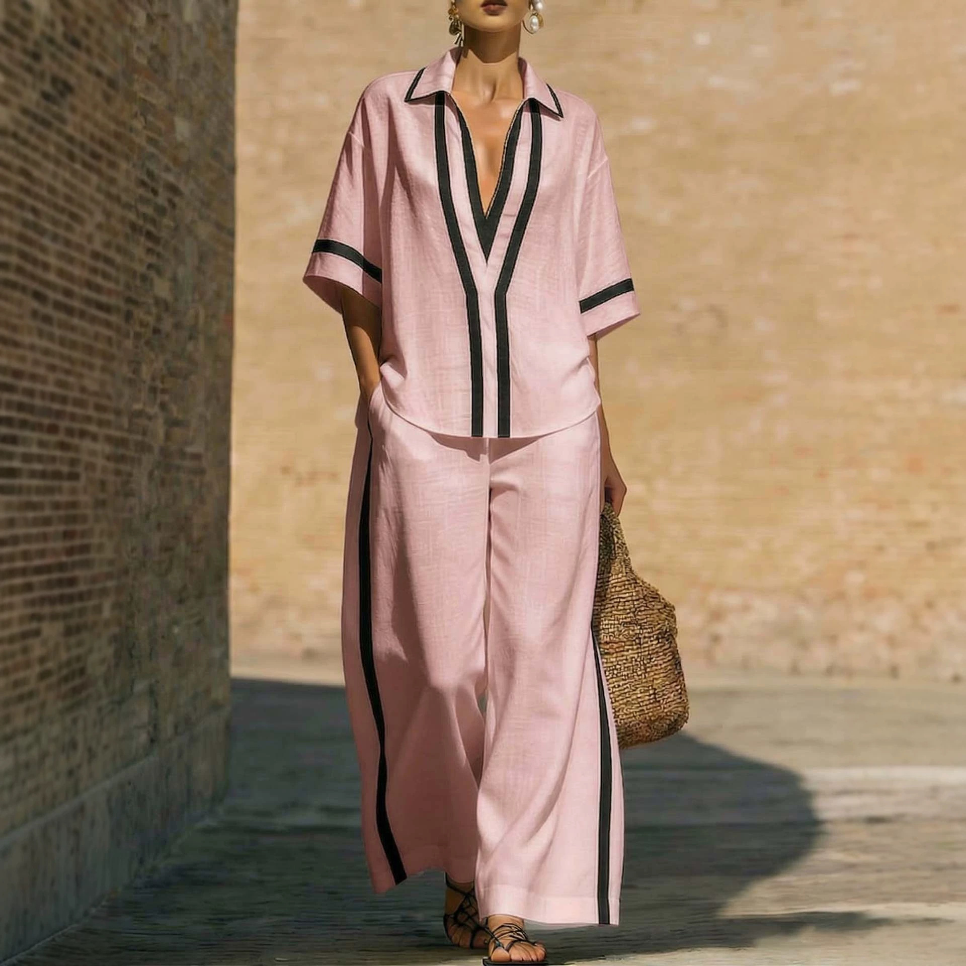 V-Neck Colorblock Shirt & Pants Set