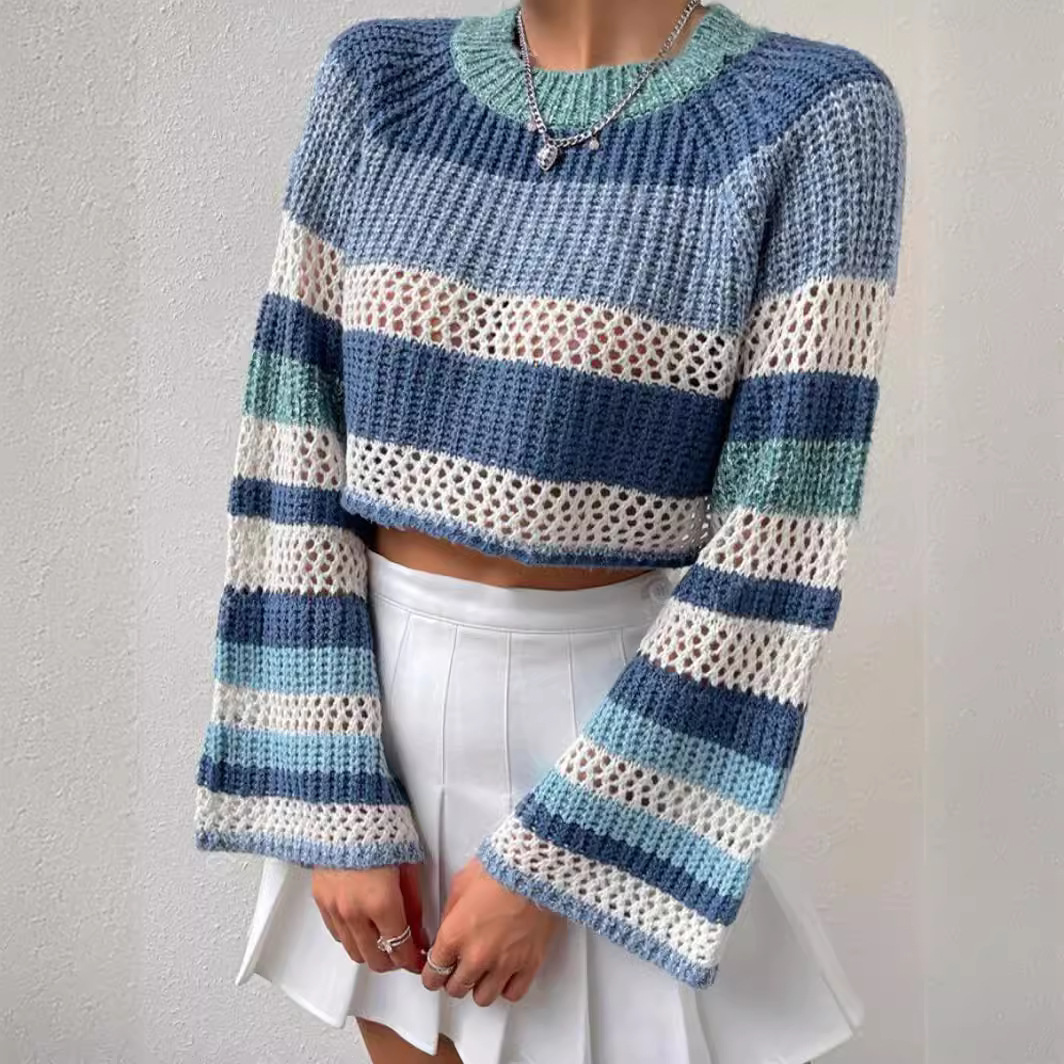 Women's Open-Knit Striped Crewneck Pullover Top