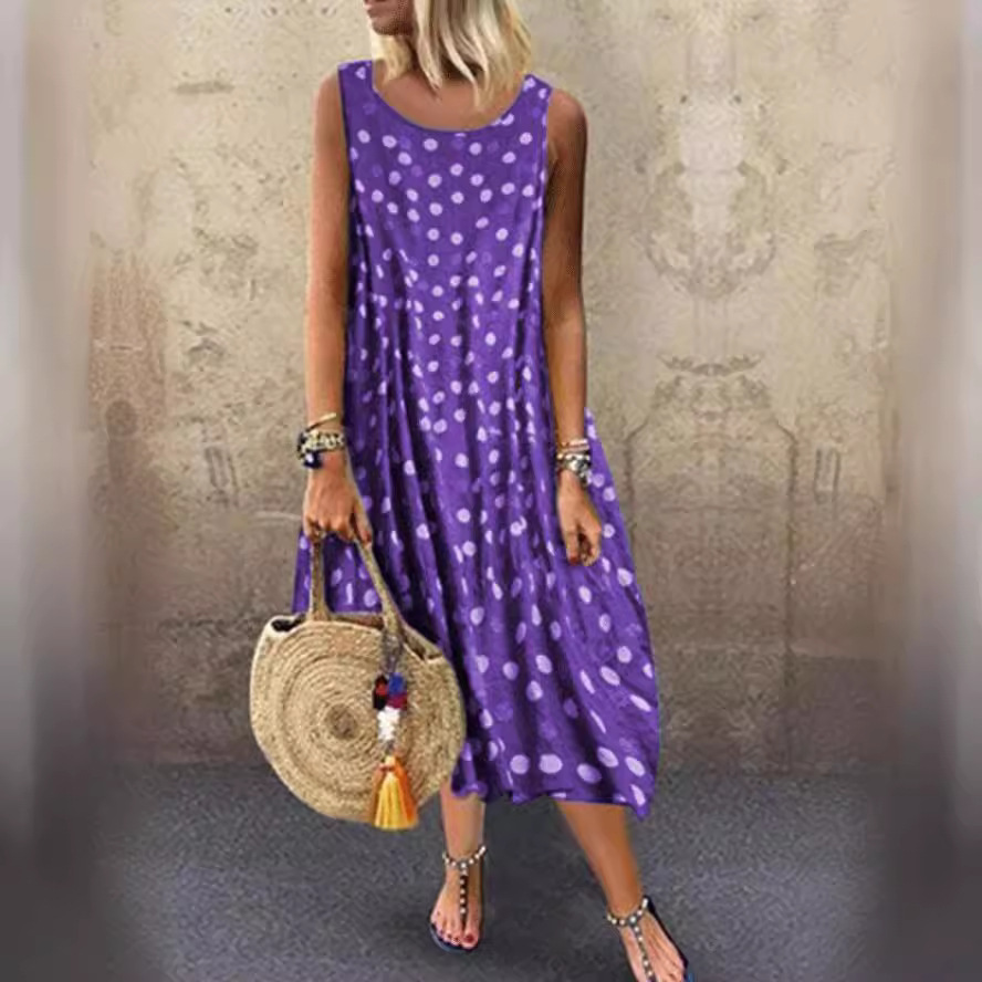 Women's Sleeveless Polka Dot Dress with Ruched Waist and Off-Shoulder Design