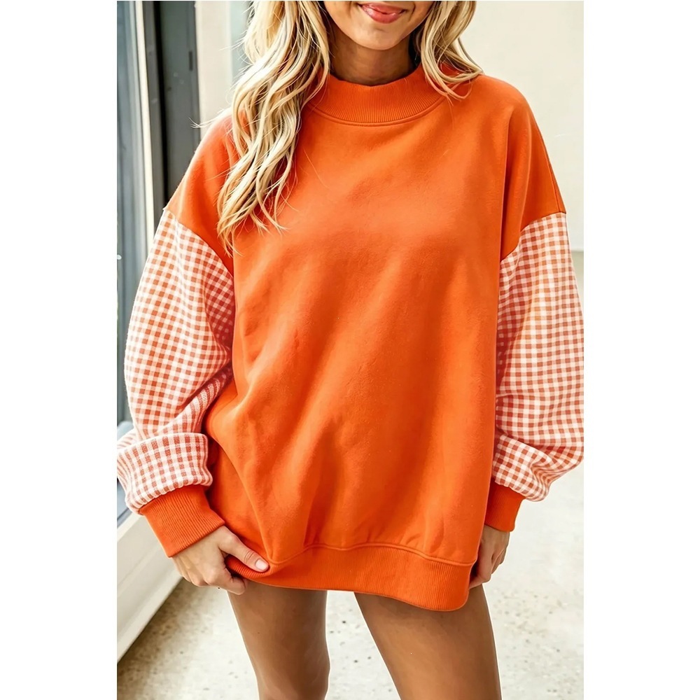 Women's Loose Half-Turtleneck Color-Block Plaid Fleece Sweatshirt