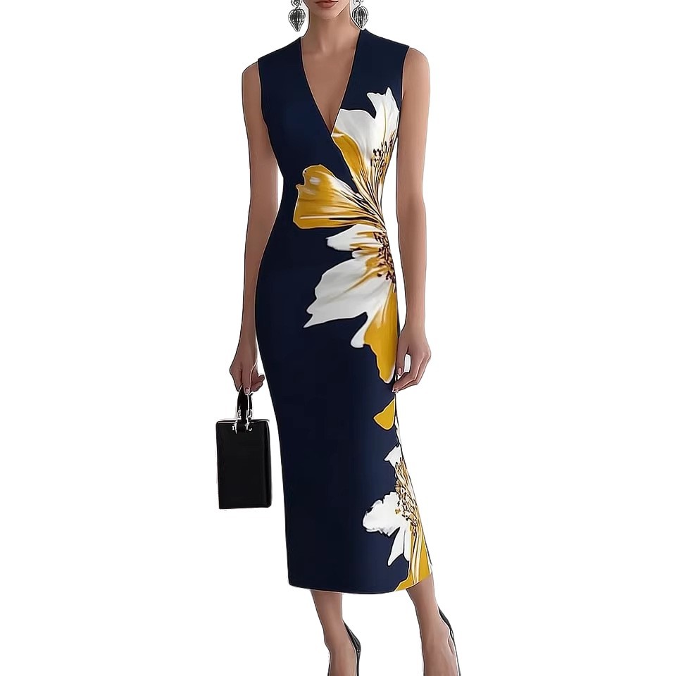 V-Neck Sleeveless A-Line Maxi Dress with Digital Print