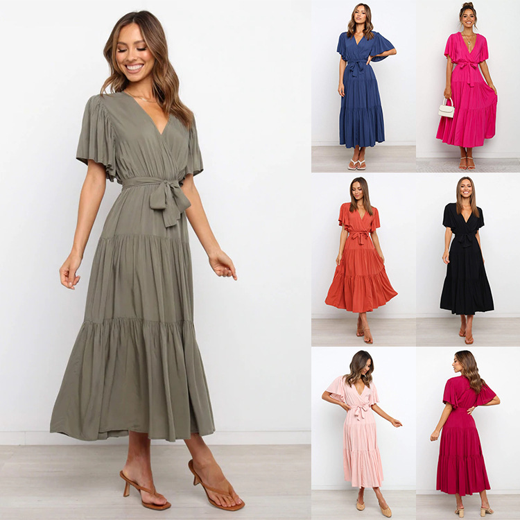 V-Neck Printed Short Sleeve High Waist A-Line Maxi Dress