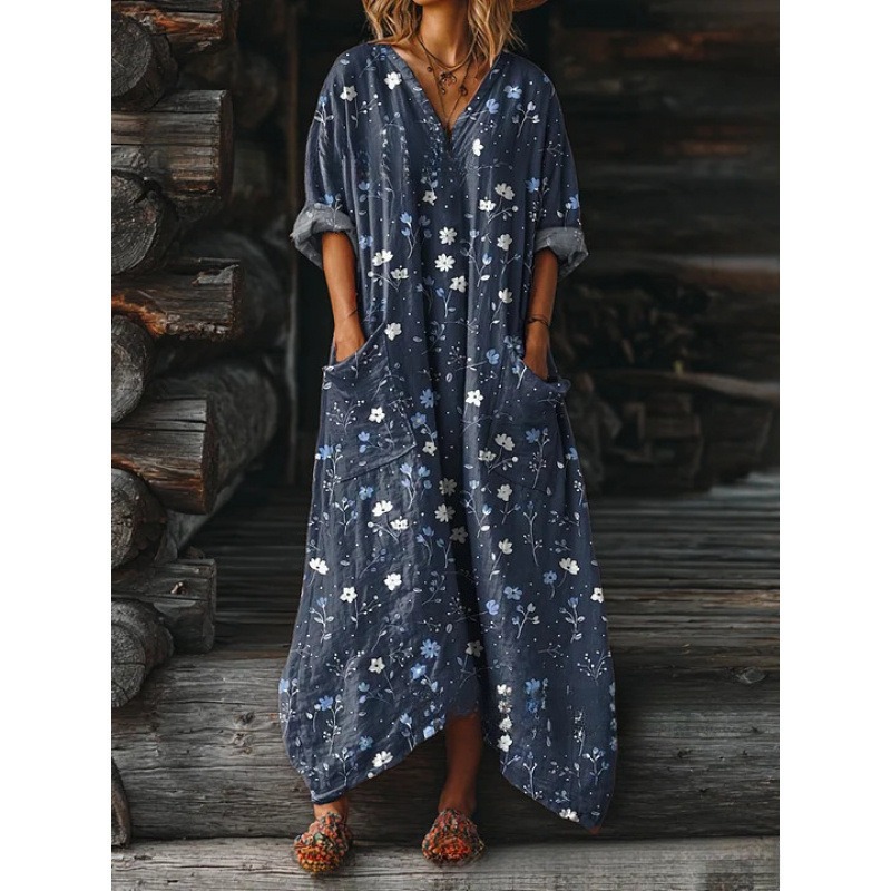 Women's Floral Ripple Print V-Neck A-Line Midi Dress Long Sleeve
