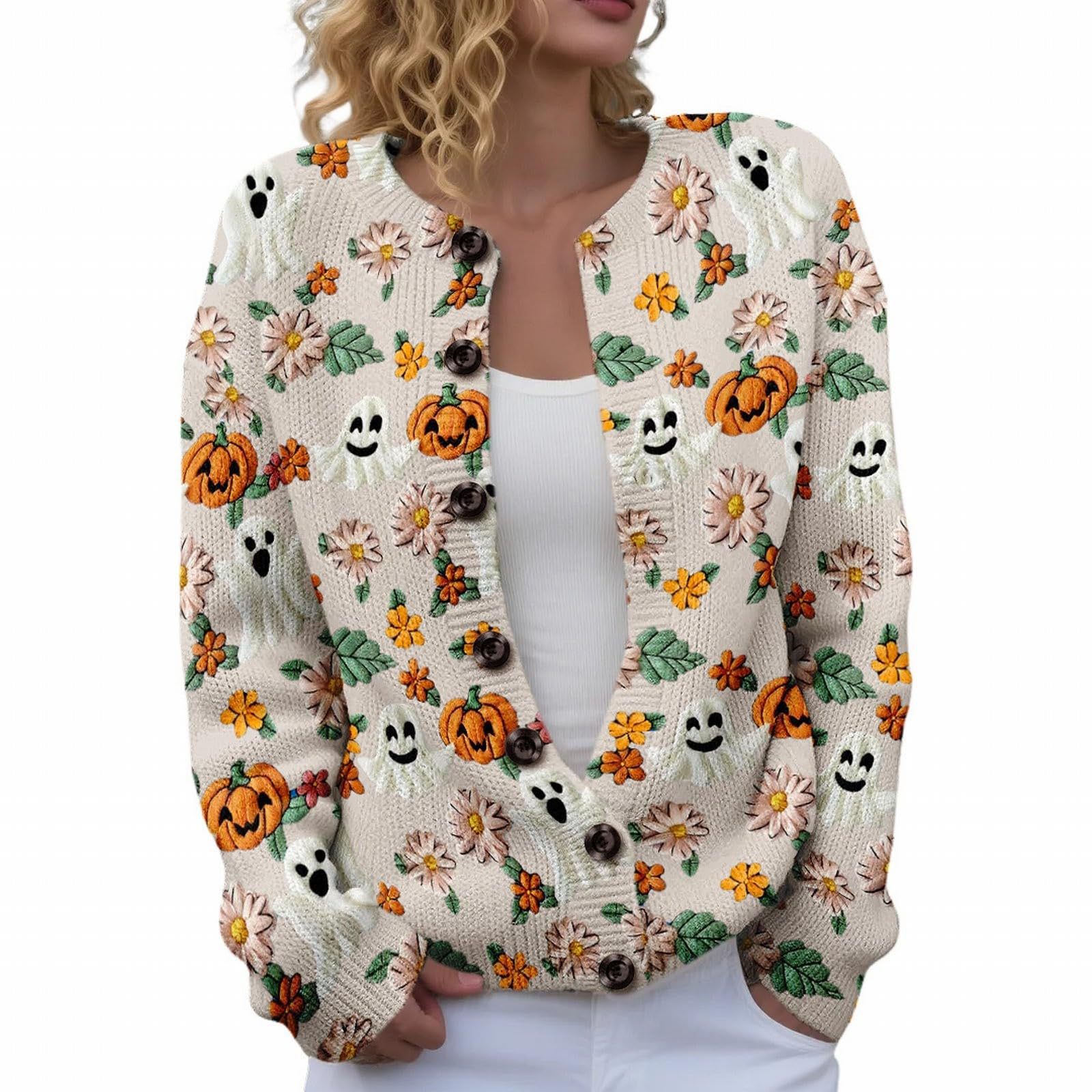 Women's Halloween Ghost Pumpkin Print Button Cardigan Sweater