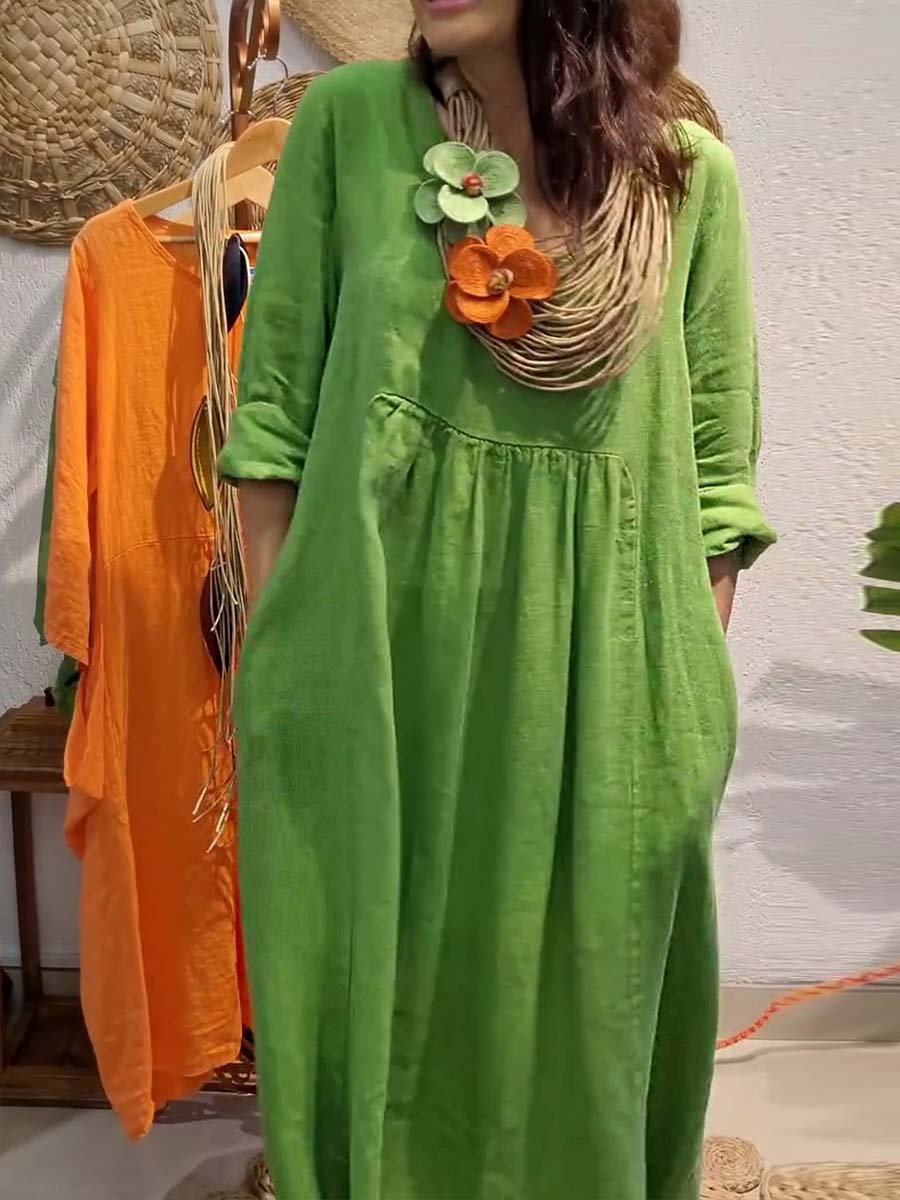 Women's V-Neck Cotton-Linen Casual Dress Solid Color A-Line Midi