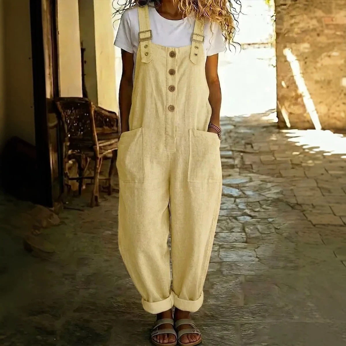 Women's Cotton-Linen Solid Color Vintage Straight-Leg Overalls with Pockets