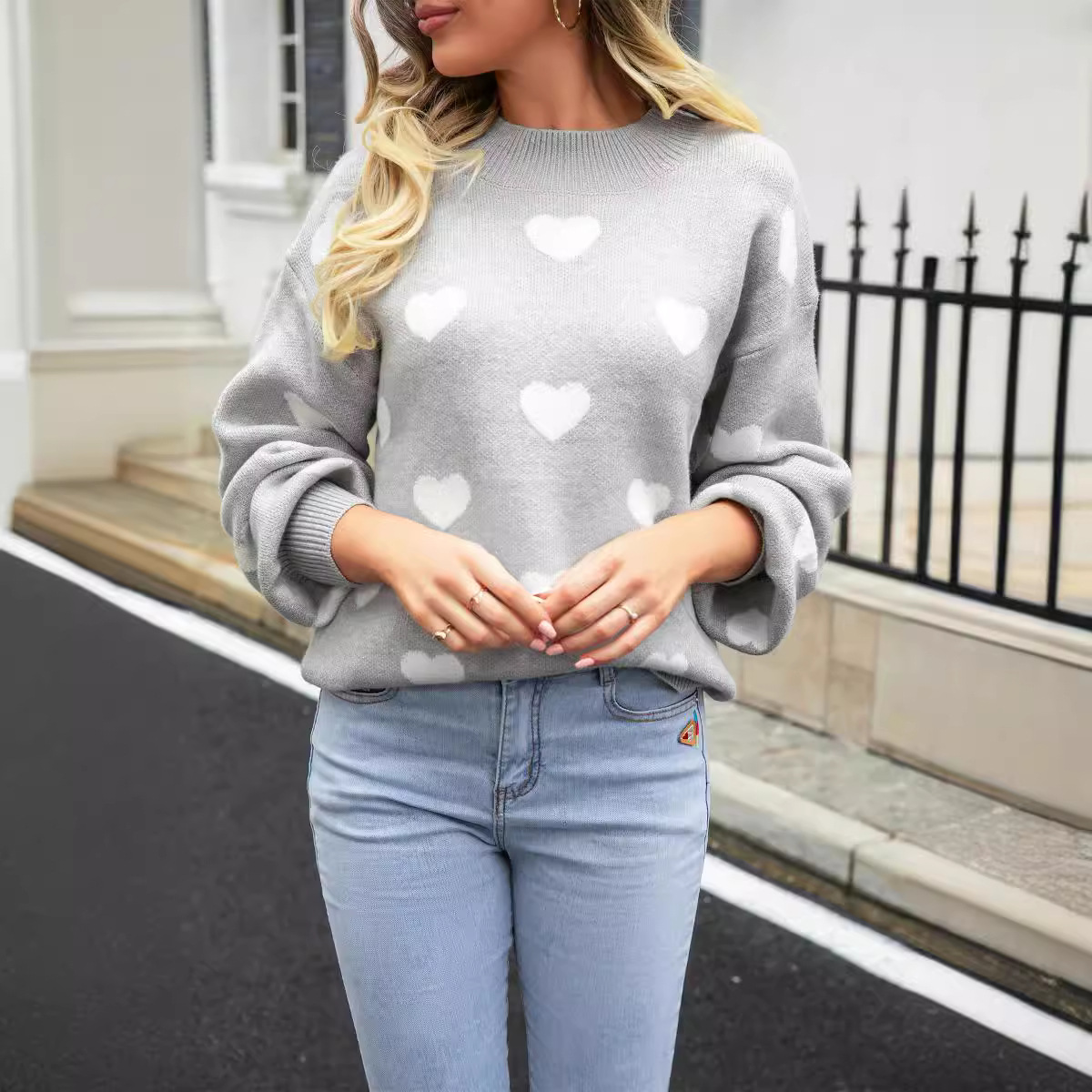 Women's Heart Knit Sweater Crew Neck Long Sleeve Pullover