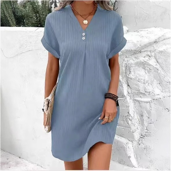 V-Neck Solid Button Pullover Casual Dress