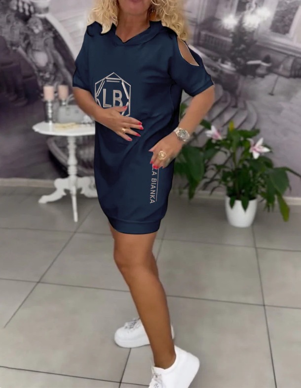 Women's Summer Letter Print Hooded Loose Dress with Pockets