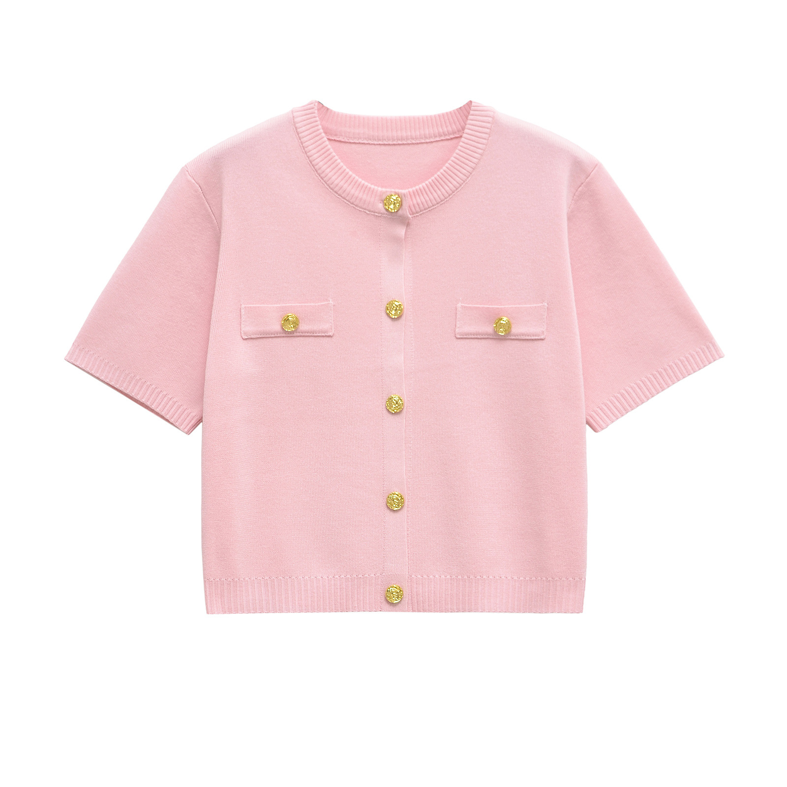 Minimalist Two-Tone Knit Short-Sleeve Button Sweater Dress
