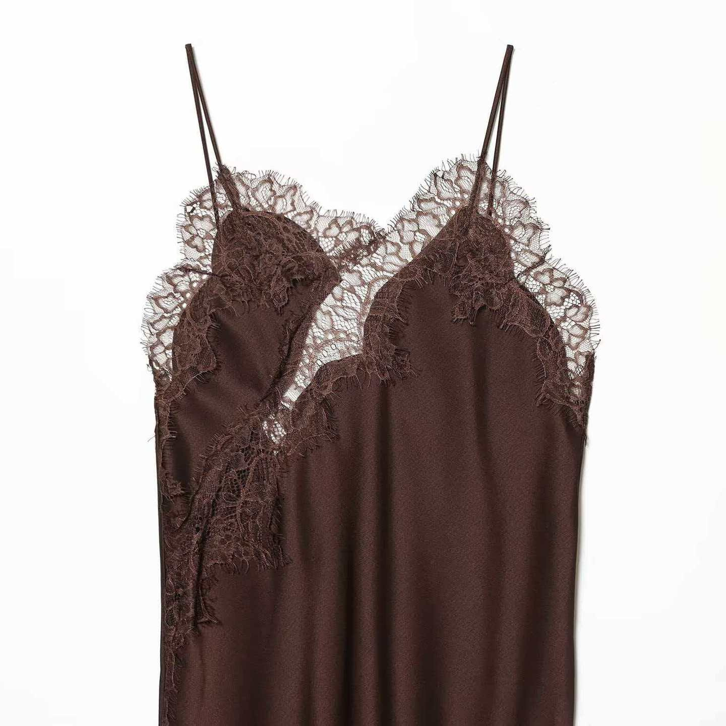 Brown Lace Asymmetrical Hem Cami Dress