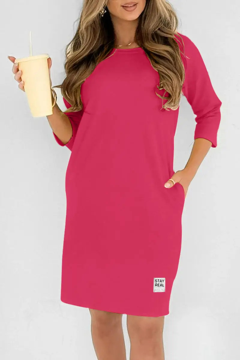 Women's Solid Crewneck Long Sleeve Loose Casual Midi Dress
