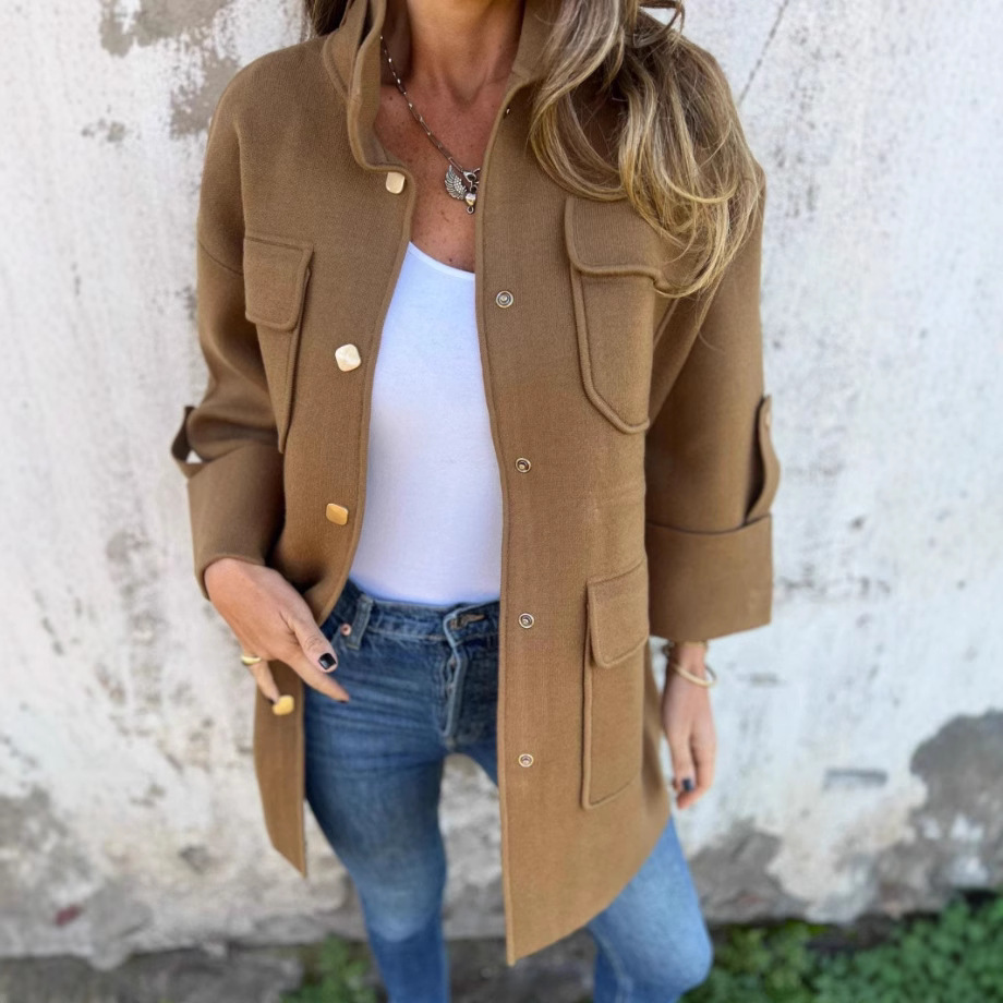 Women's Stand Collar Double-Faced Wool Coat with Pockets