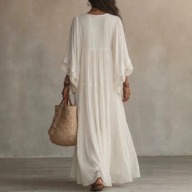 Women's Lace Panel V-Neck Long Dress with Batwing Sleeves for Beach Vacation