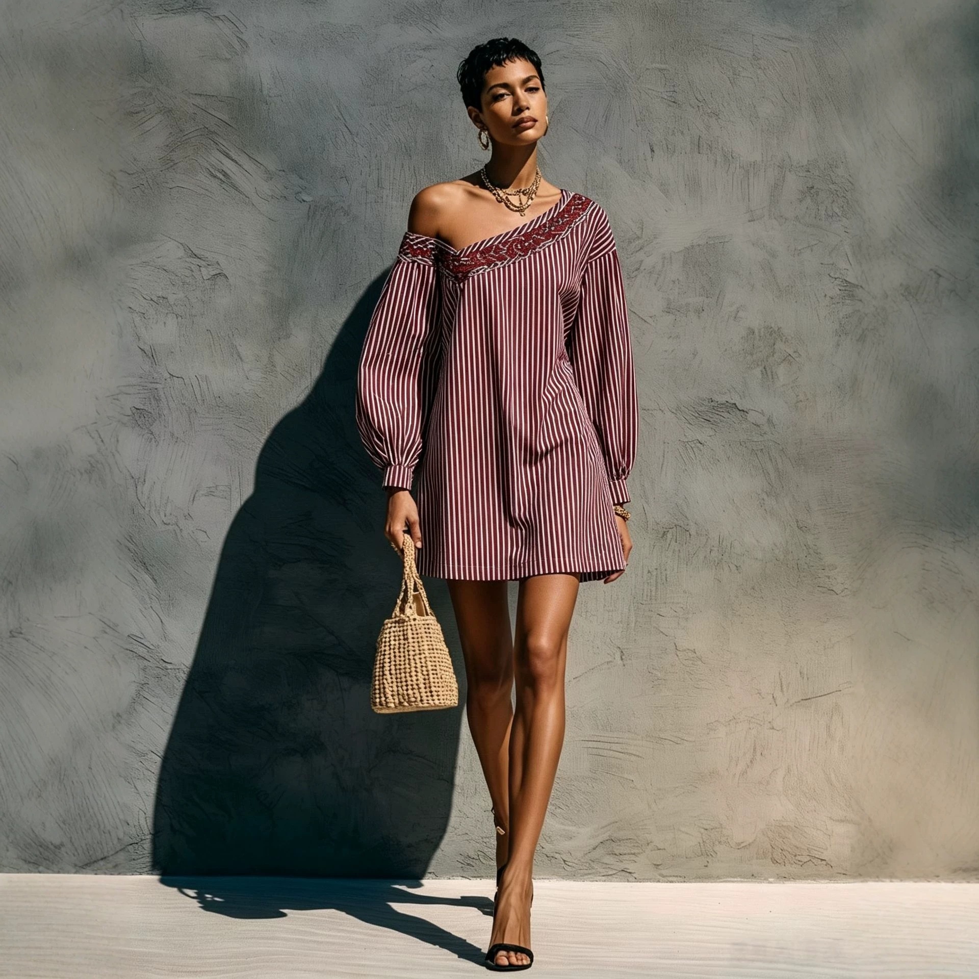 Striped One-Shoulder Long-Sleeve Embroidered Mini Dress