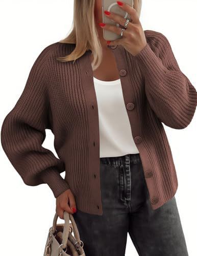Women's Chunky Knit Button-Front Cardigan Sweater Long Sleeve Crew Neck
