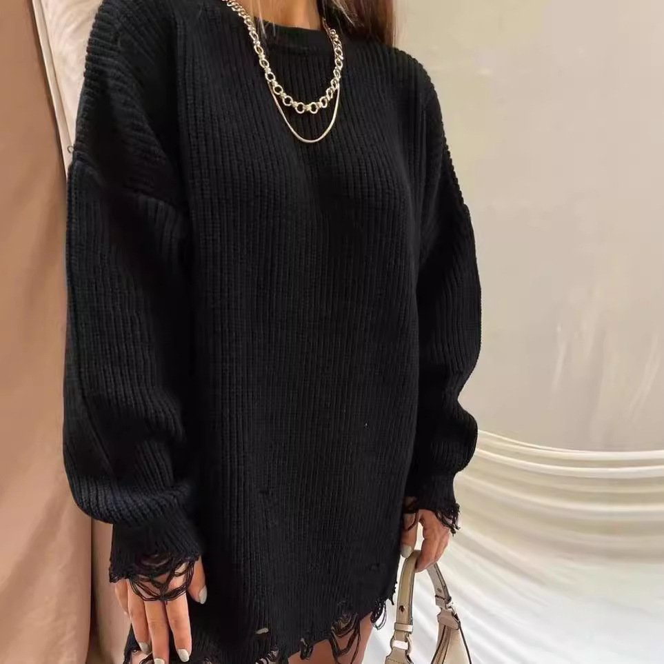 Distressed Knit Crewneck Loose Midi Long-Sleeve Sweater