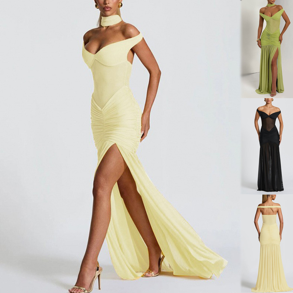 Women's Strapless Mesh Panel Ruched Slit Long Dress