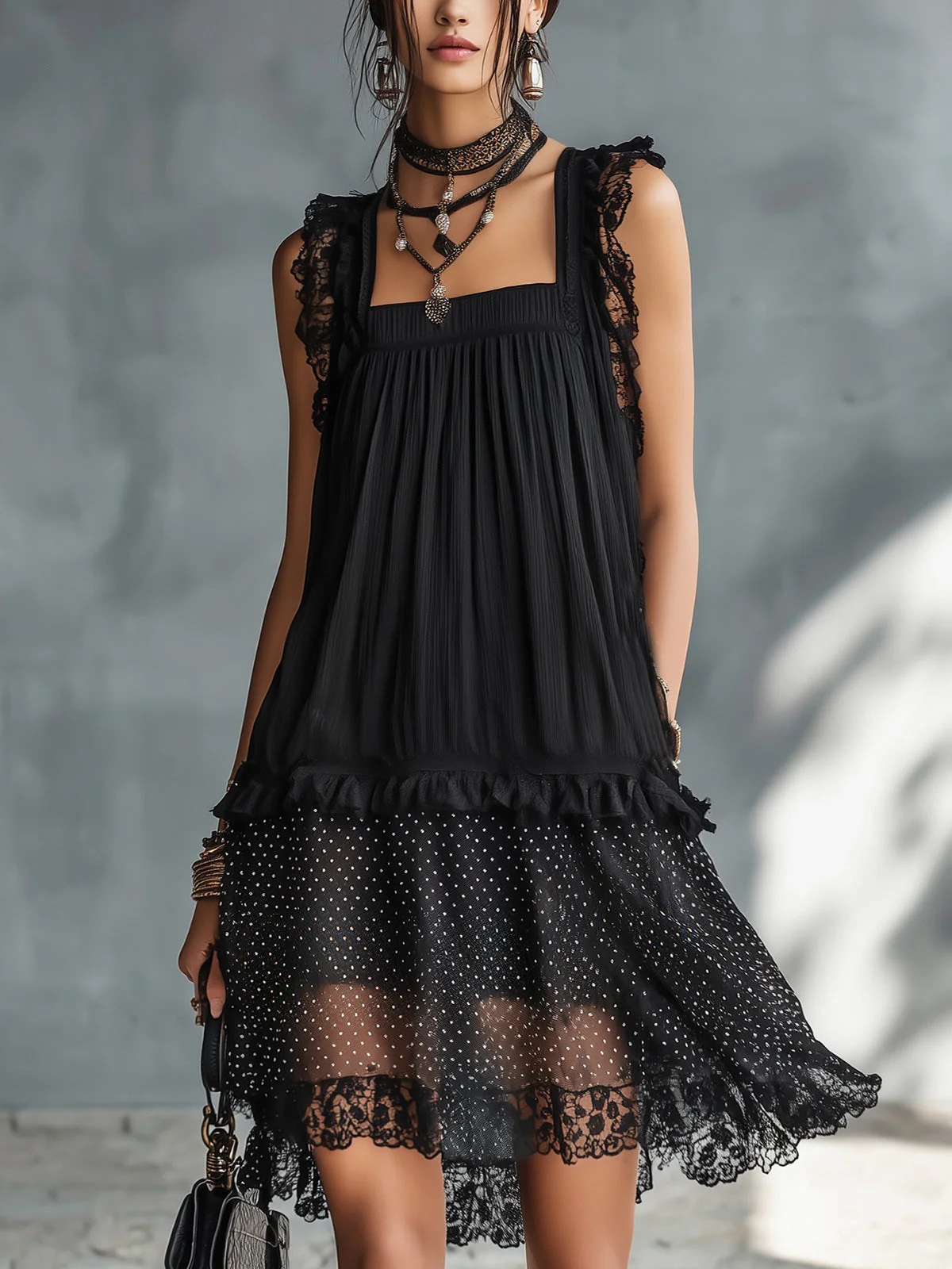 Sleeveless Black Lace Panel Dress Round Neck A-Line Midi