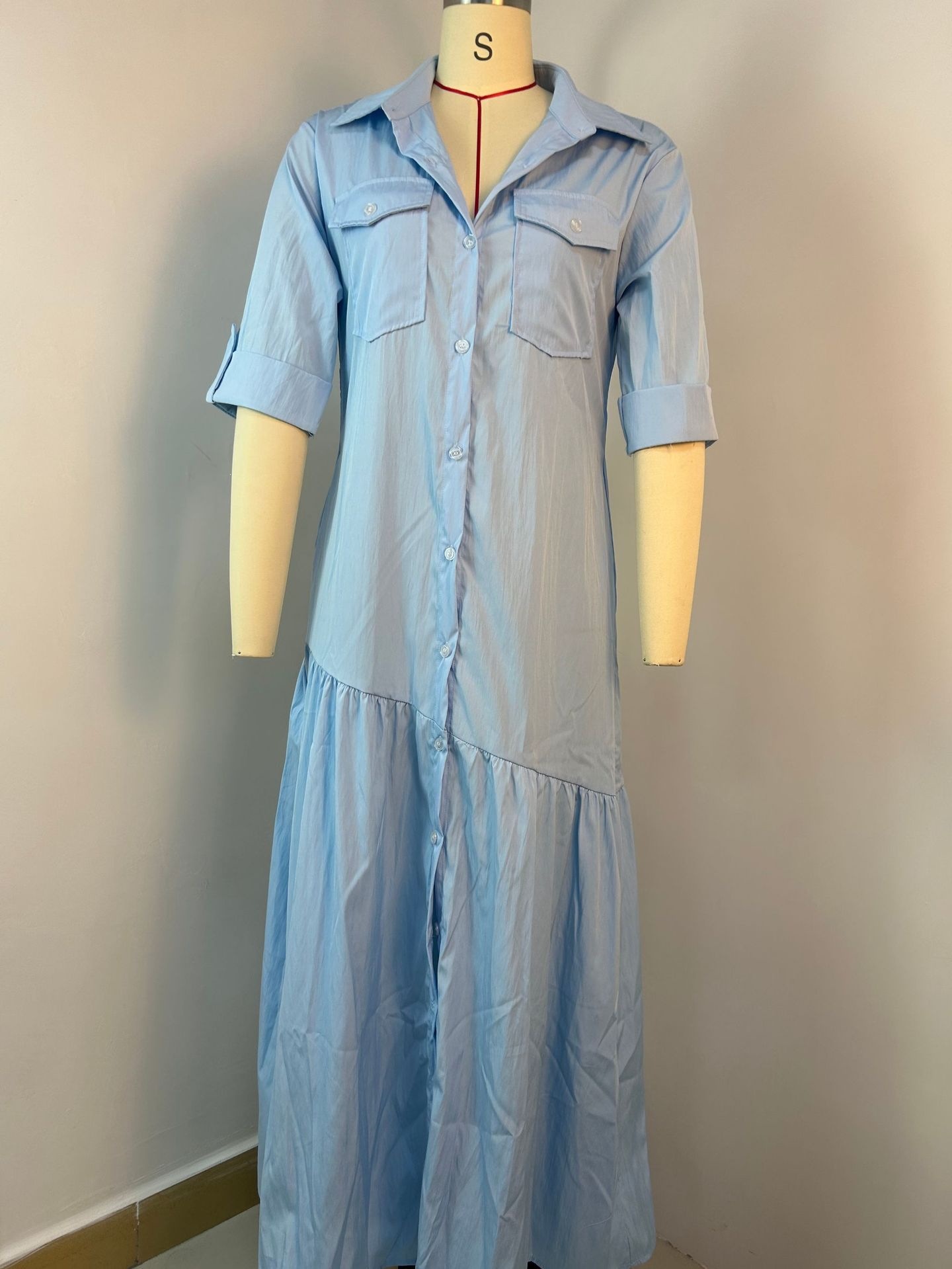 Long Button-Front Shirt Collar Dress with Patch Pockets