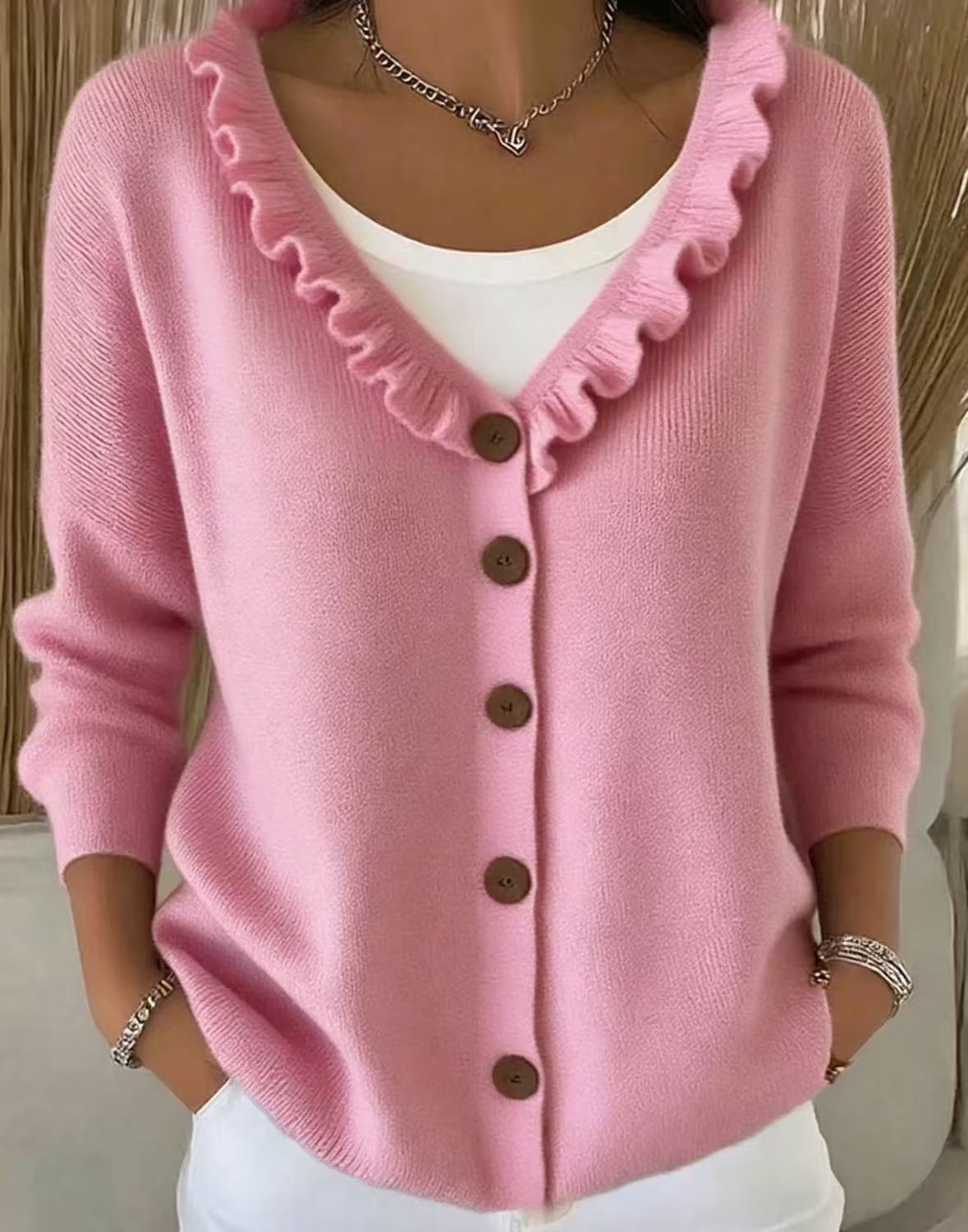 Ruffled Knit Cardigan Single-Breasted Loose Fit Sweater Coat for Women