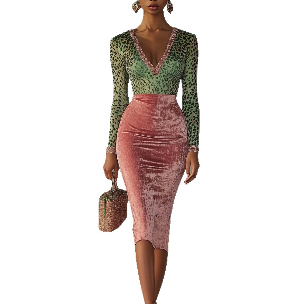 Gold Velvet Spliced Stretch Bodycon High Waist Dress