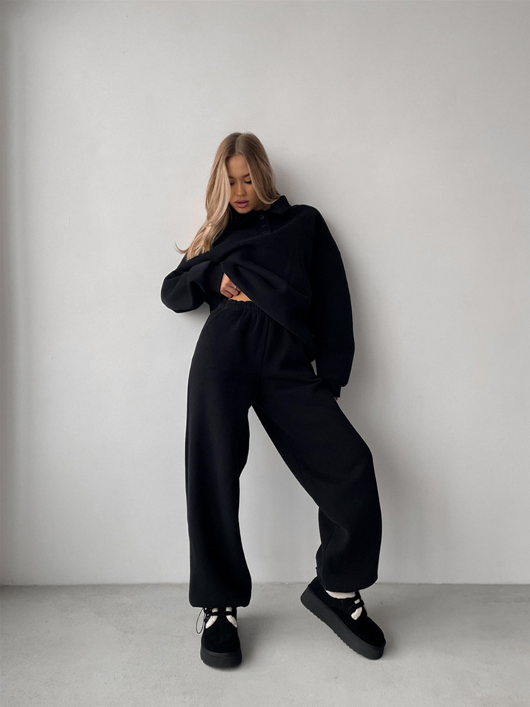 Women's Solid Color Long Sleeve Collared Sweatshirt and Elastic Waist Pants Two-Piece Set