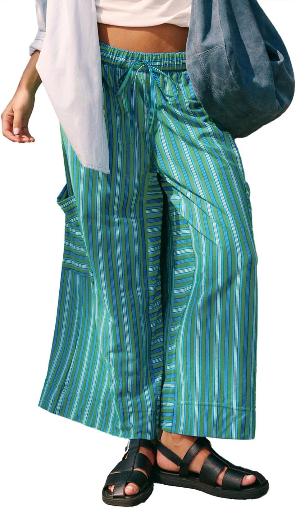 Striped Straight-Leg Drawstring Wide-Leg Beach Pants for Women