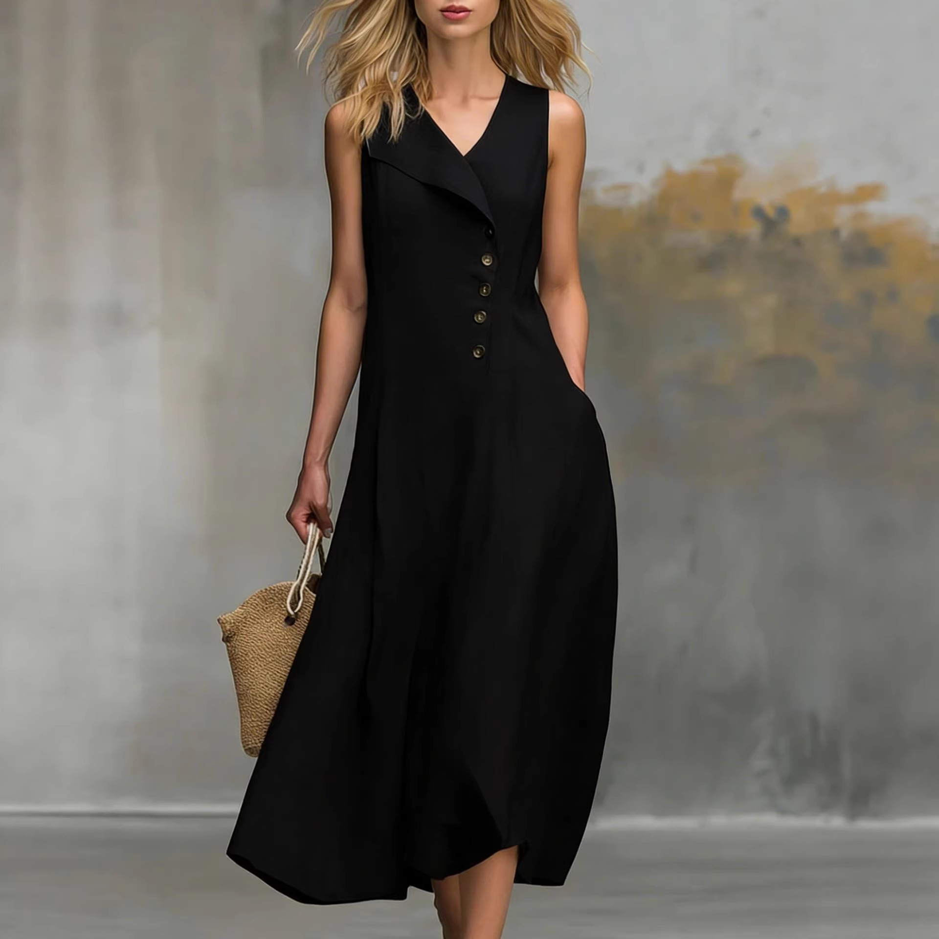 Women's Sleeveless Button-Front Collared Dress Solid Color Cinched Waist