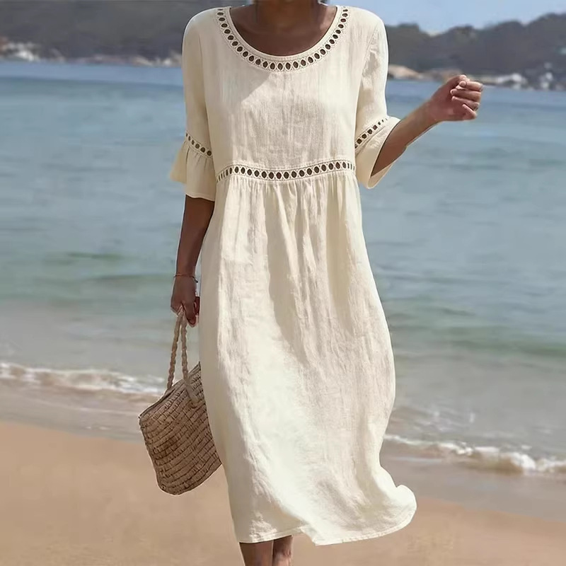 Elegant Casual Crewneck Half-Sleeve Solid Color Women's Dress