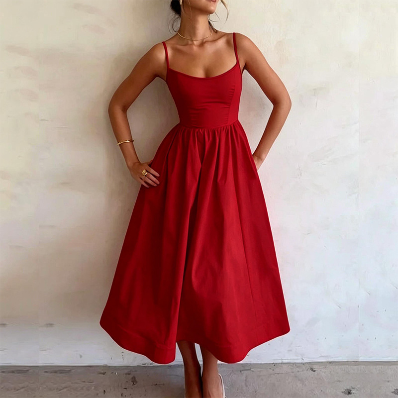 Women's Solid Color Waist-Cinched Cami Maxi Dress