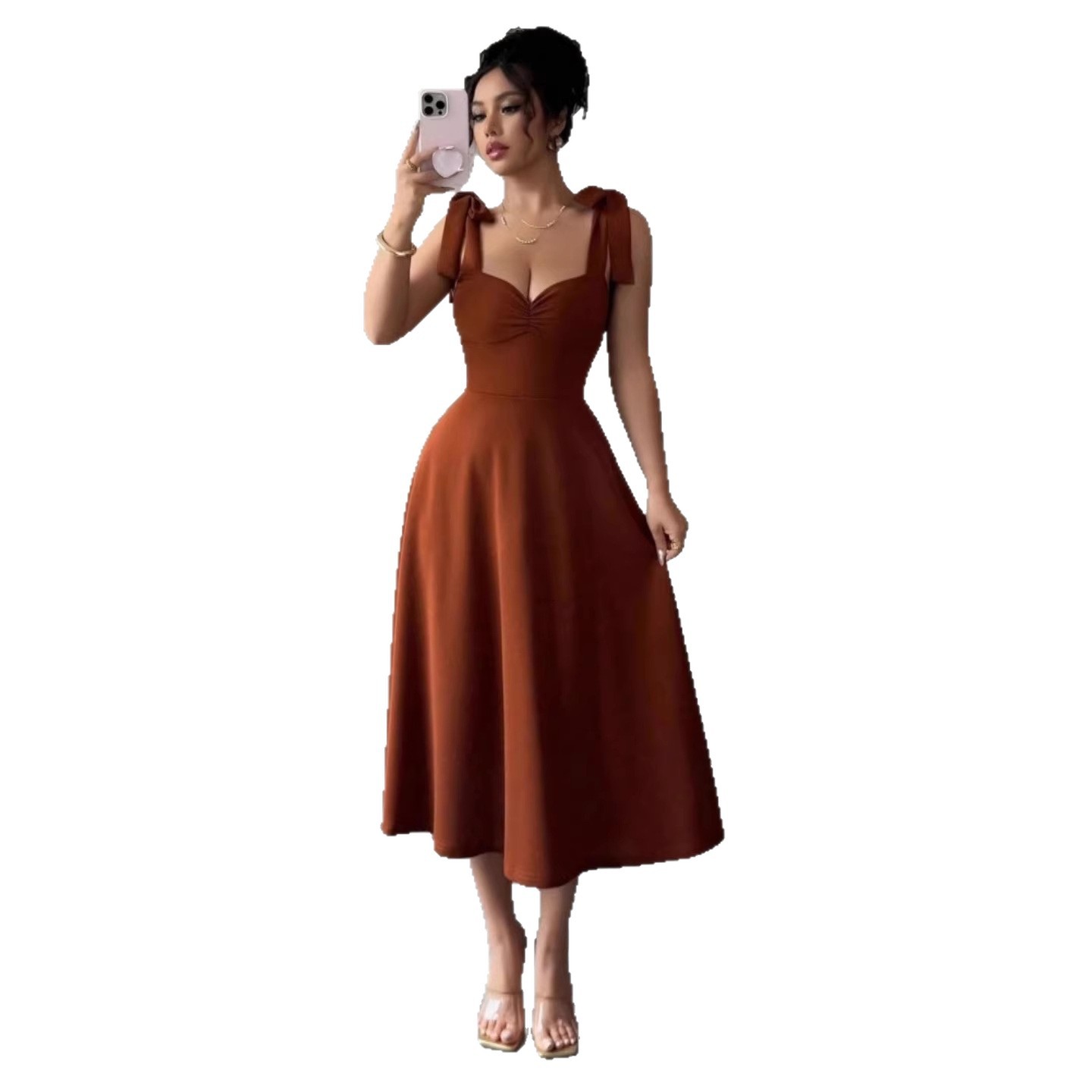 Solid Color Sleeveless Midi Dress with Waist-Cinching A-Line Silhouette