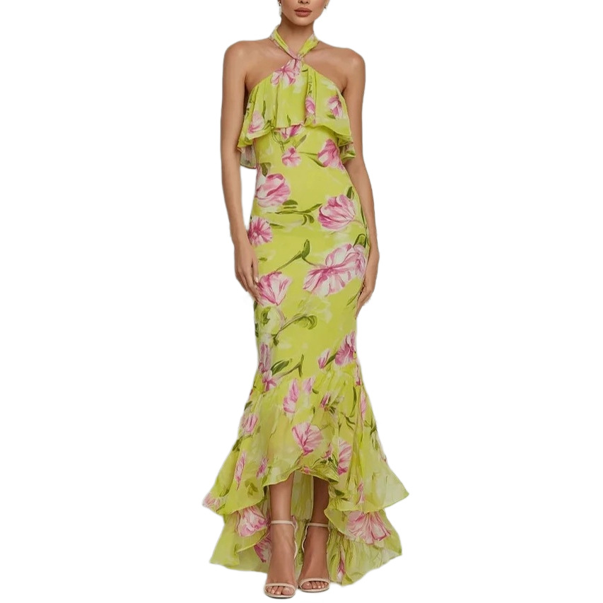 Halter Neck Floral Ruffle Maxi Dress Slimming Asymmetric Vacation Dress