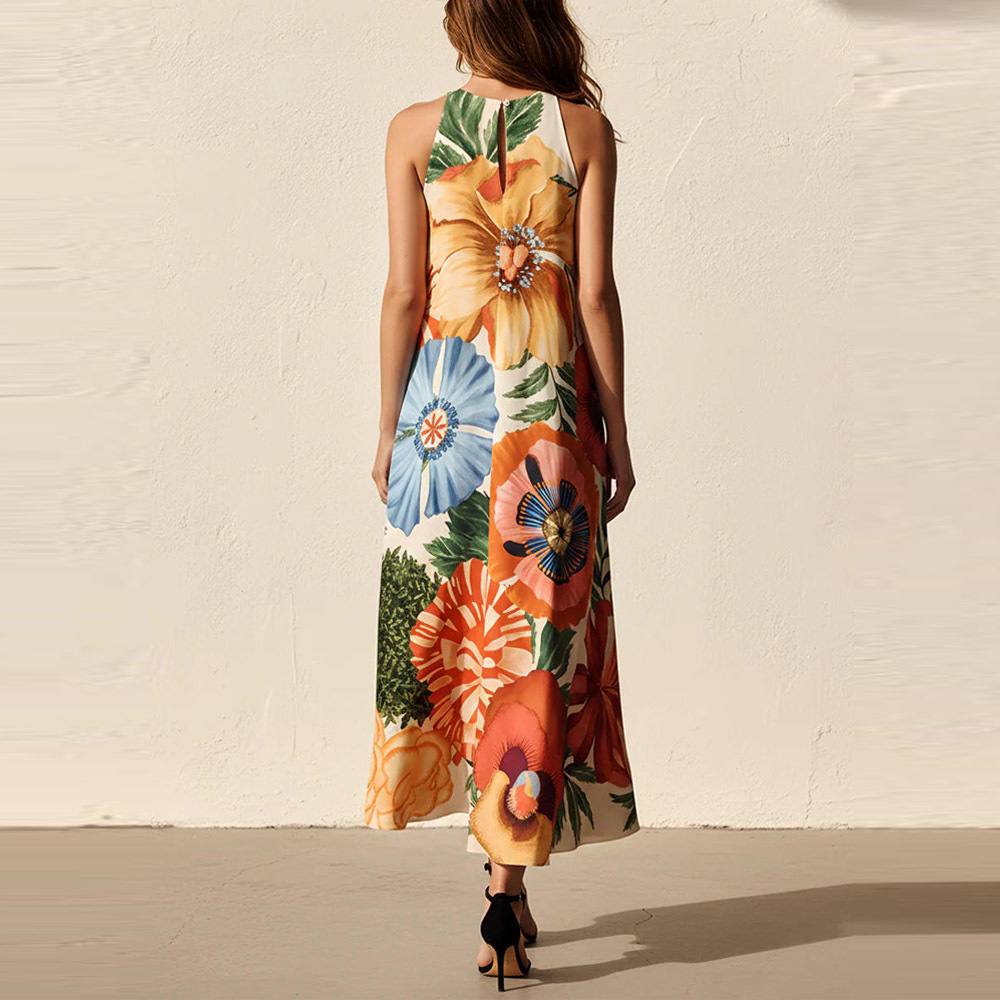 Women's Sleeveless Floral Print Midi Dress U-Neck A-Line