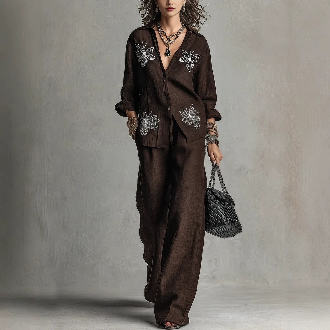 Women's Butterfly Embroidered Shirt & Wide-Leg Pants Two-Piece Set