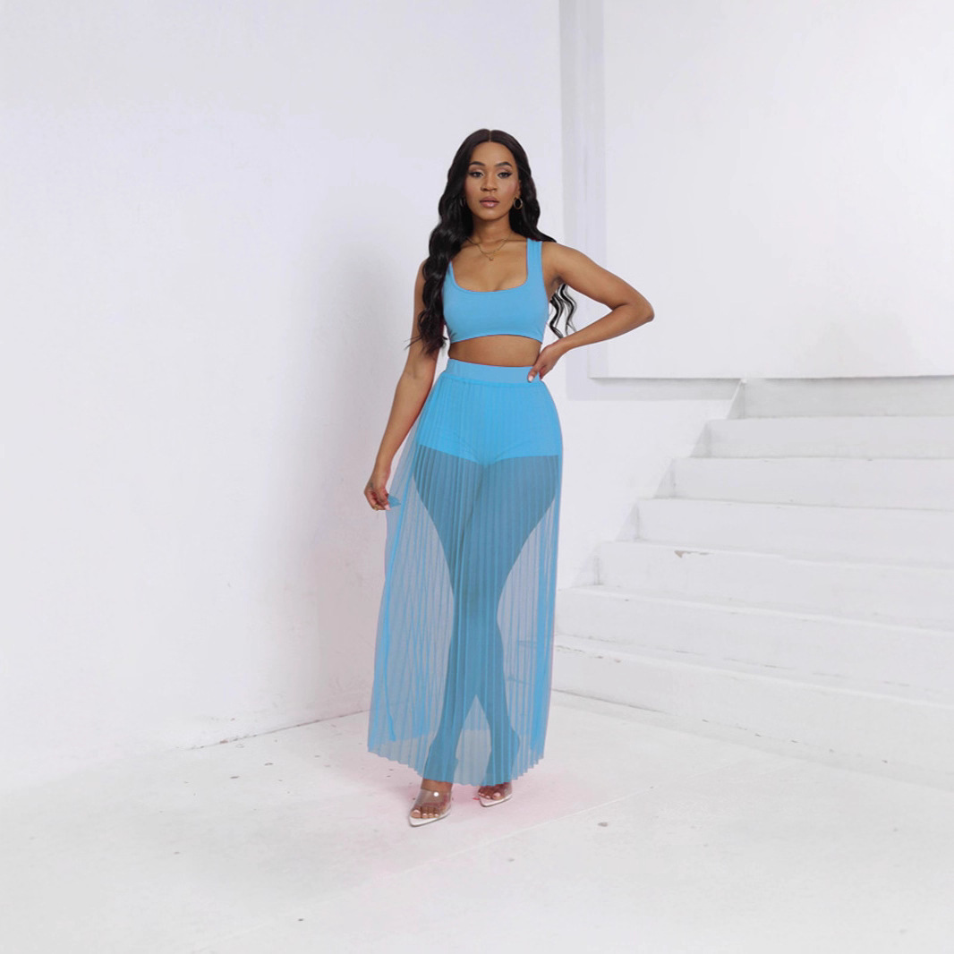 Women's Sheer Pleated Mesh Tank Top Skirt Shorts 3-Piece Set