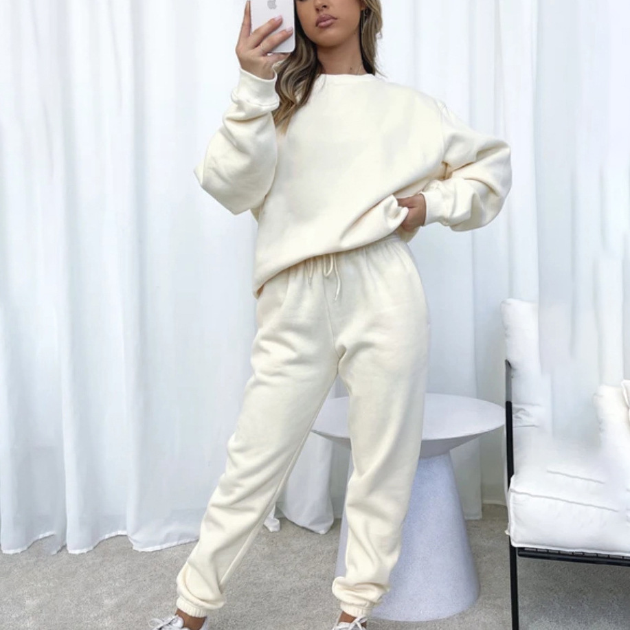 Women's Solid Color Crewneck Long Sleeve Sweatshirt and Pants Set