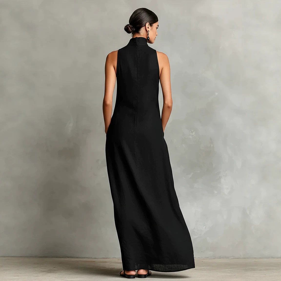 Linen-Blend High-Neck Sleeveless A-Line Long Dress with Side Pockets