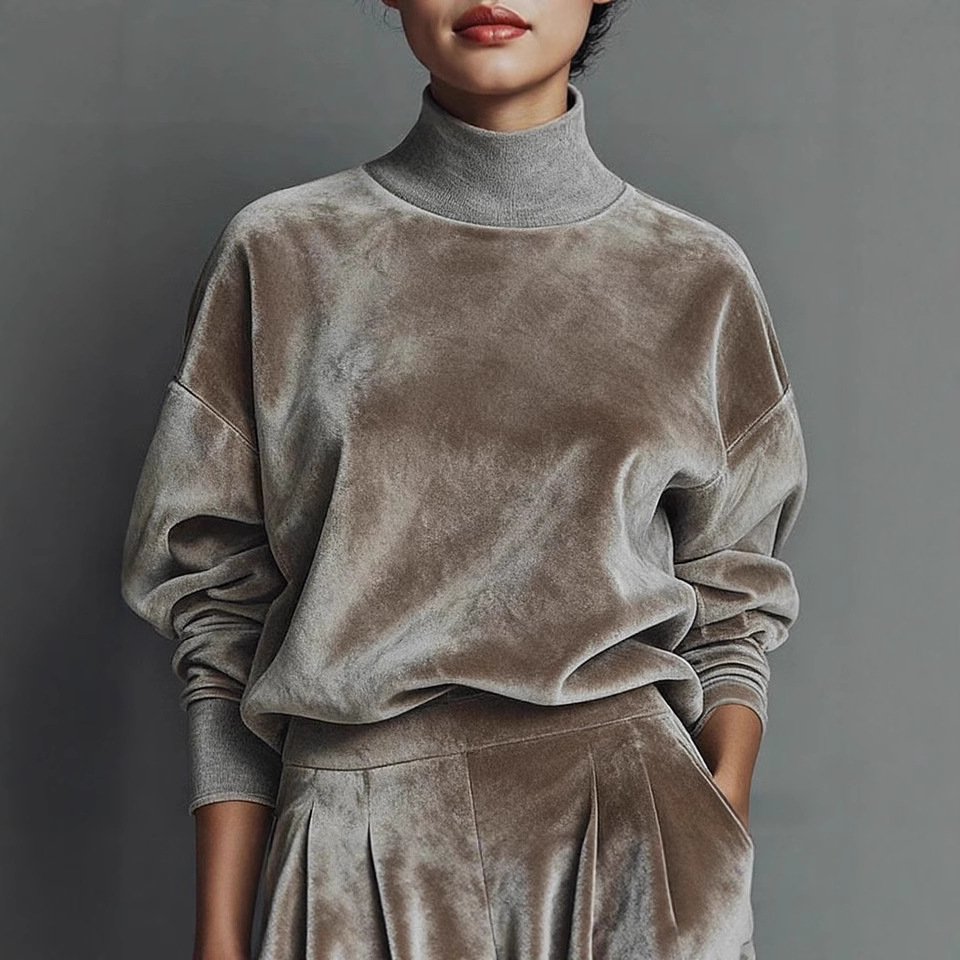 Women's Velvet Tracksuit High Neck Zip Top Wide Leg Pants Set
