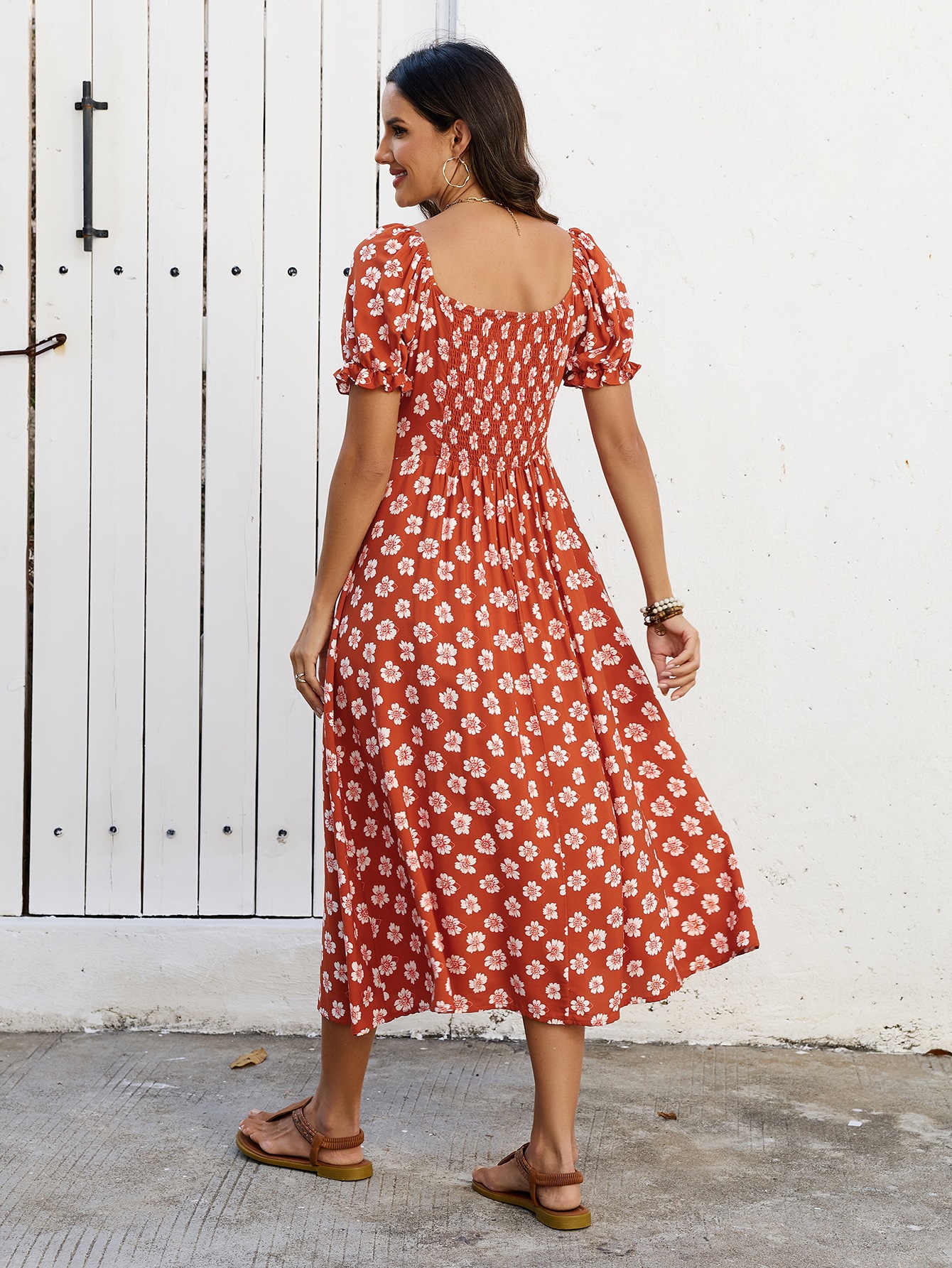 Floral Square Neck Off-Shoulder Ruffle Waist Dress