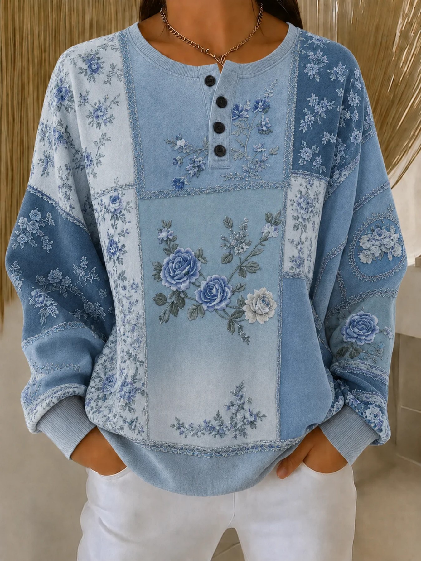 Women's Vintage Floral Print Button Sweatshirt