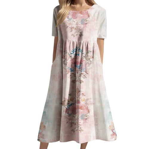 Women's Floral Print Ruched Midi Dress Short Sleeve Crew Neck