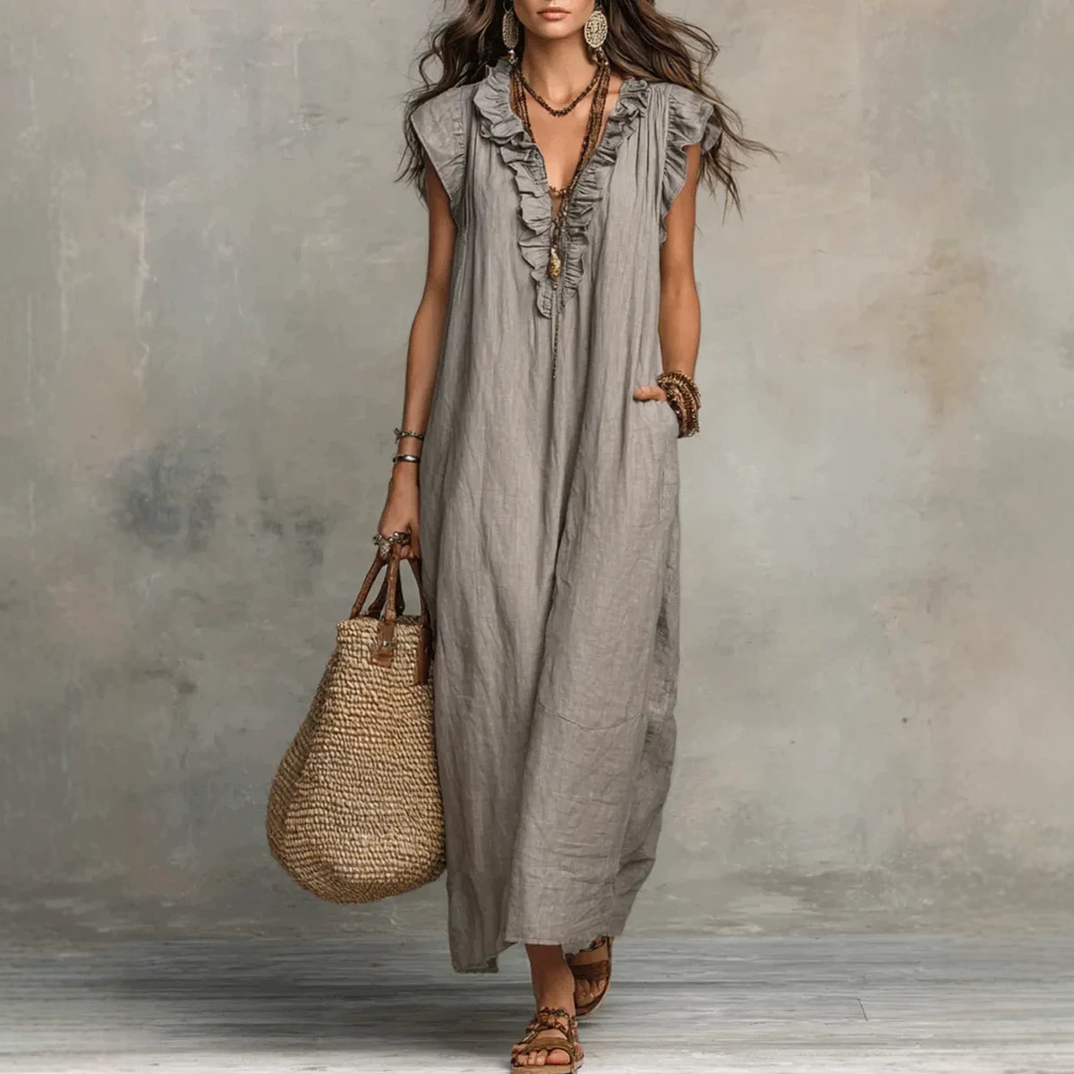 Boho Flutter-Sleeve Maxi Dress with Deep V-Neck