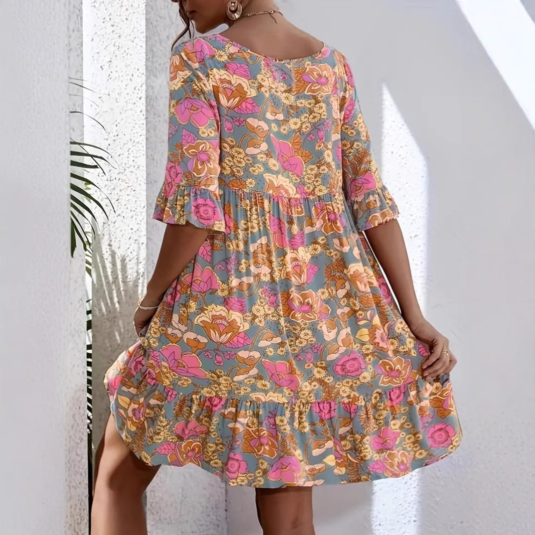 Women's V-Neck Floral Print Boho Dress Short Sleeve High Waist A-Line Orange