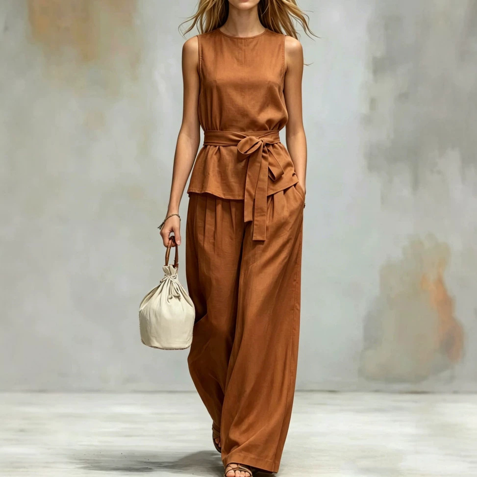 Women's Sleeveless Tie-Front Top & High-Waist Wide-Leg Pants Set